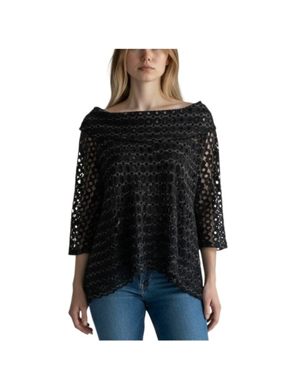 Carine Black Cowl Neck Off The Shoulder Perforated Top